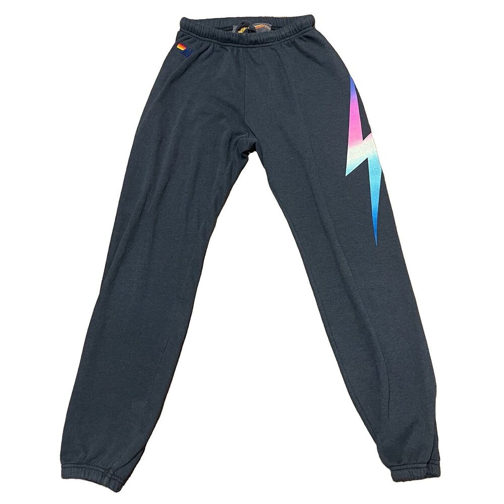 Aviator Nation Fleece Jogger Pants Medium Rainbow Lightning Bolt Logo Gray Relax - Picture 2 of 7